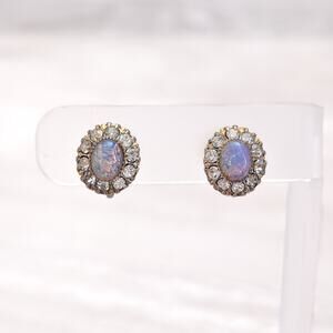 Vintage Vargas Screw Back Earrings Opal & Clear Gem Oval